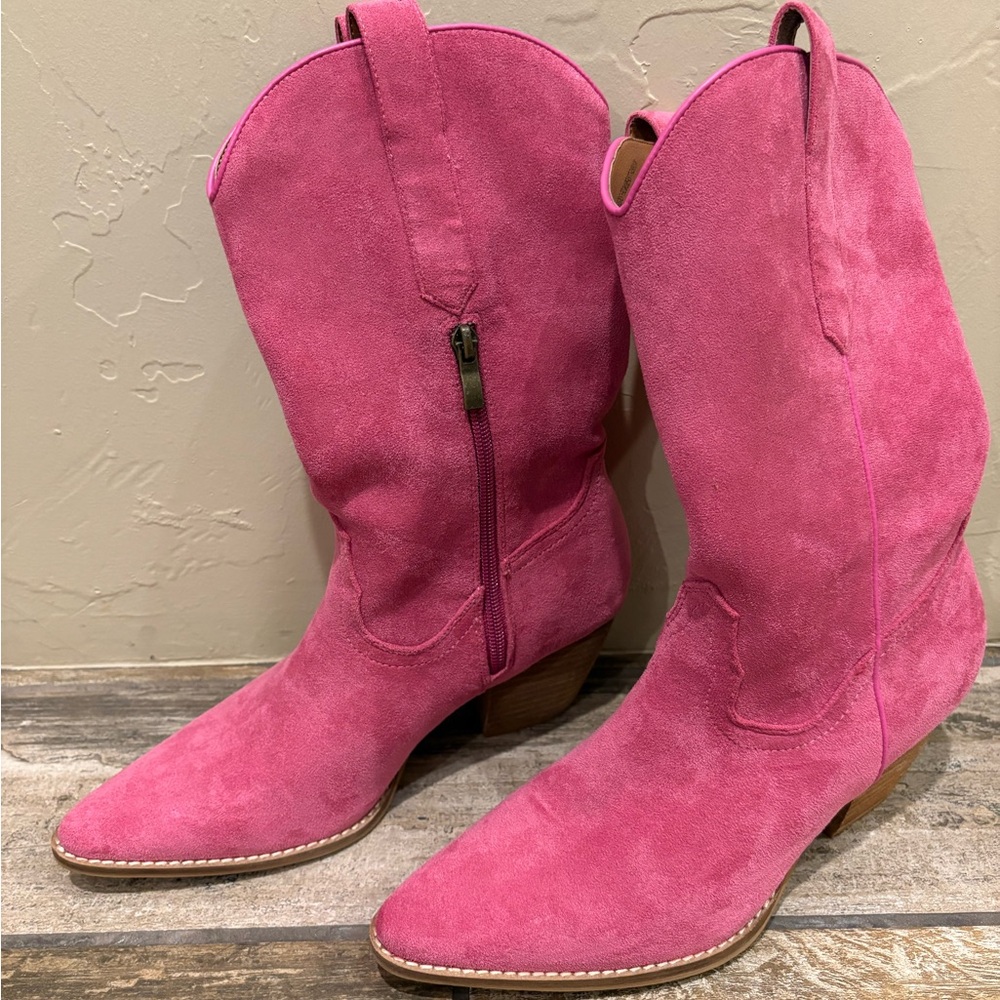 Pink Faux Suede Western Boots